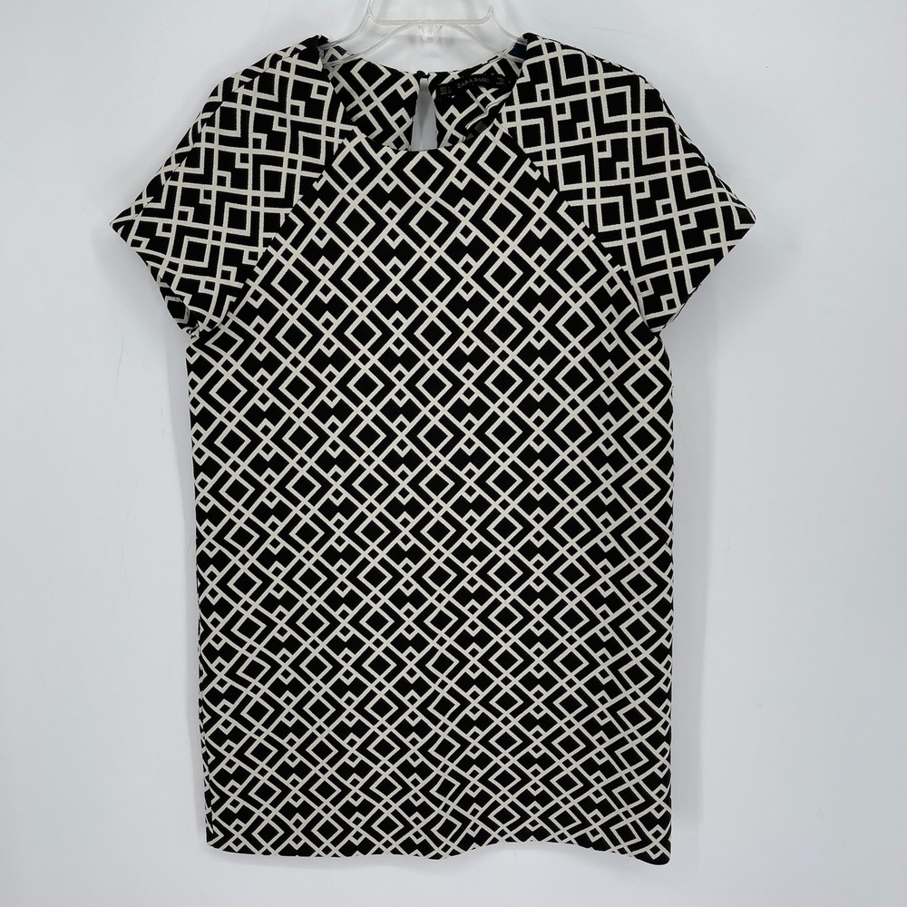 Zara‎ Women's Black Geometric Print Stretch Raglan Sleeve Mod Shift Dress Size L